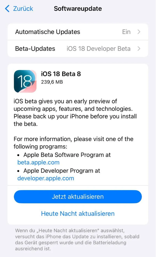 宿迁苹果手机维修分享苹果 iOS / iPadOS 18 开发者预览版 Beta 8 发布 